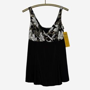 NWT Robby Len by Longitude Tropical One Piece Swim Dress Suit Size 14 Black Gold